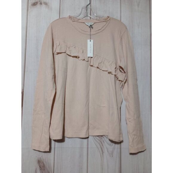 Lucky Brand Shirt Ladies Large Ivory Long Sleeve Light Weight Ruffle Raw‎ Neck - Picture 1 of 8